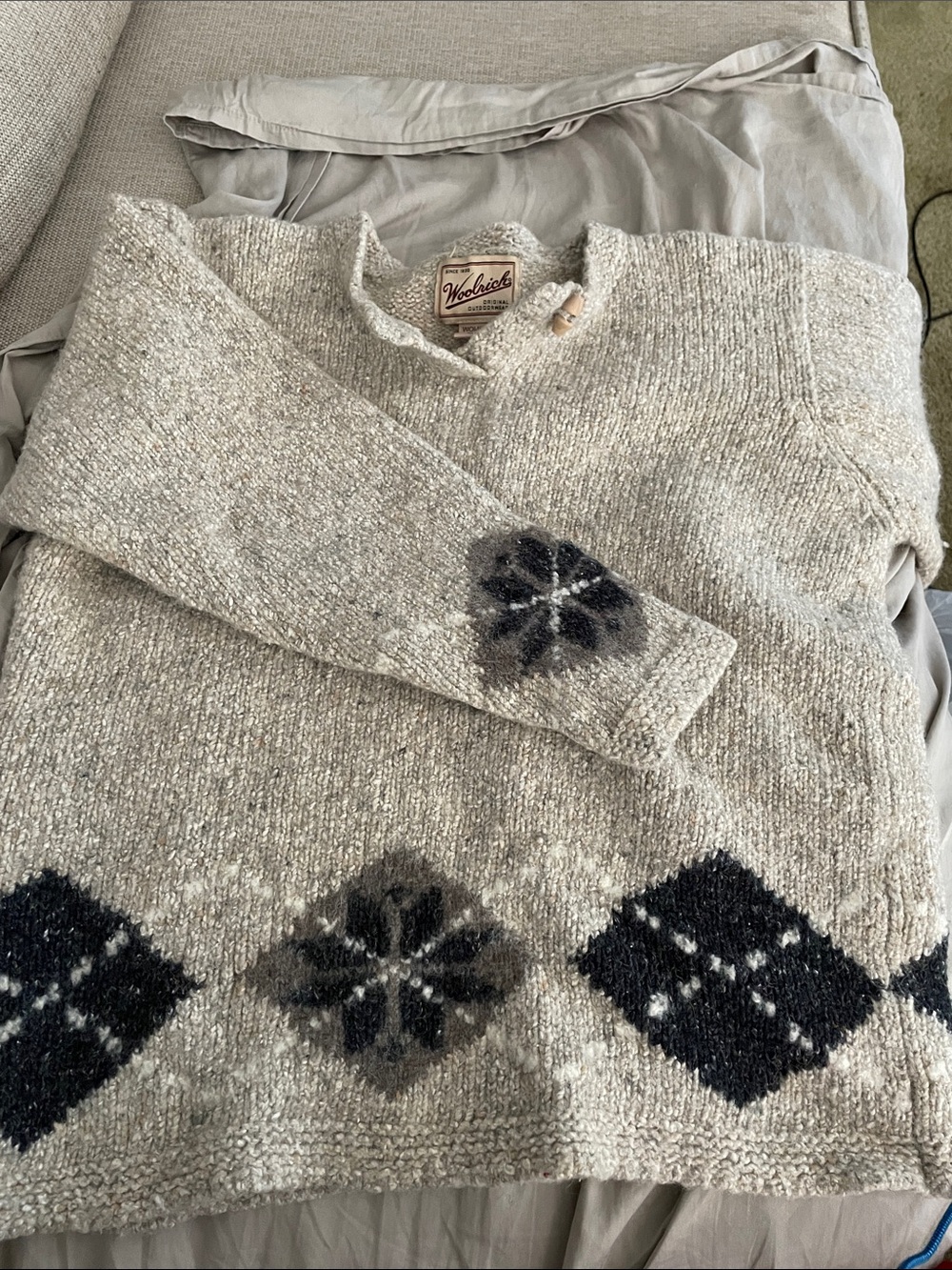 Woolrich Cream and Black Fair Isle Crewneck Sweater Sz Small